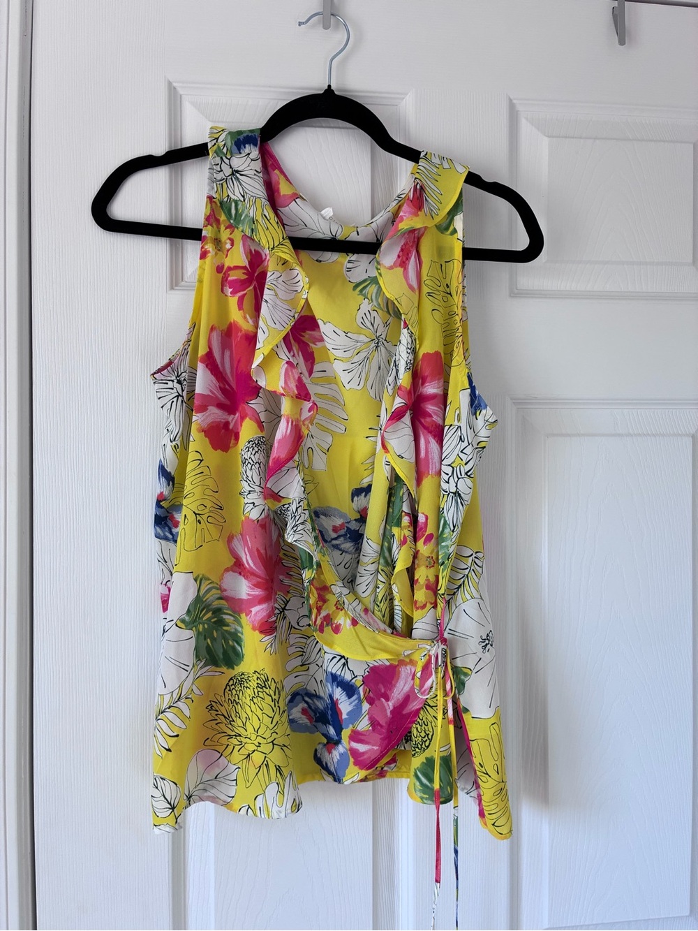 Violet & Claire Yellow Floral Ruffle Wrap Tank